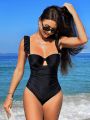 SHEIN Swim Chicsea Women'S Ruffled Shoulder Straps & Pleated Monokini Swimsuit