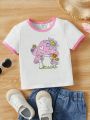 SHEIN Kids QTFun Toddler Girls Mushroom & Floral Print Contrast Binding Tee