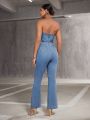 SHEIN BAE Women'S Strapless Waist Belt Denim Jumpsuit