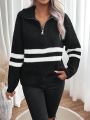 Striped Pattern Half Zip Drop Shoulder Sweater