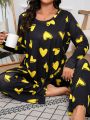 Plus Size Black Base Yellow Heart Print Casual Homewear Set With Long Sleeve And Long Pants