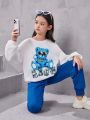 SHEIN Kids HYPEME Girls' Sports Street Fashion Knitted Round Neck Pullover Sweatshirt Suit