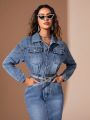 SHEIN BAE Button-up Pocket Detail Denim Shirt Dress Without Waist Belt, Water Washed