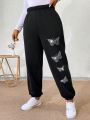 SHEIN Essnce Plus Size Women's Butterfly Rhinestone Embellished Jean Shorts