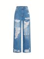 Teen Girls' Street Style Outdoor Ripped Wide Leg Jeans Without Elasticity