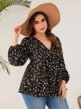 SHEIN VCAY Plus Size Lantern Sleeve Shirt With Small Floral Print