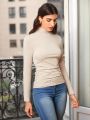 SHEIN Clasi Mock Neck Pleated Slim Fit Long Sleeve T-shirt