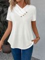 V-Neck Short Sleeve T-Shirt With Overlapping And Pleats Buttons Detailing