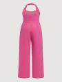 SHEIN Privé Elegant Long Neck-Hanging Backless Plus Size Jumpsuit With Waist-Tie Design For Valentine's Day