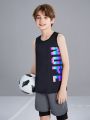SHEIN Boys' Round Neck Letter Printed Fitted Sports Tank Top