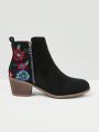 Styleloop Women's Fashionable Western Style Embroidered Black Chunky Heel Boots