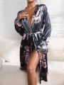 Floral Print Contrast Binding Belted Satin Robe