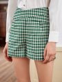 Anewsta Women's Green Plaid High Waist Crisscross Short Pants