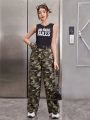 SHEIN Girls' Knitted Letter Printed Vest With Diagonal Pockets & Camouflage Pants & 1pc Waist Bag