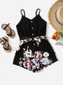 SHEIN Kids SUNSHNE Girls Button Front Belted Floral Cami Romper