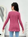 SHEIN Kids HYPEME Teenage Girls' Casual Knitted Solid Color Round Neck Long Sleeve Top For Street Style