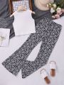 SHEIN Teenage Girls' Knitted Tank Top & Flower Print Flared Pants Casual 2pcs/set