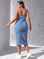 Women's Plus Size Split Front Denim Strapless Maxi Dress