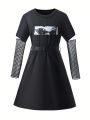 Tween Girl Figure Graphic Contrast Mesh Belted Dress