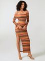 THE VAULT Striped Print Off Shoulder Crop Top & Split Thigh Skirt