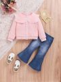 SHEIN Baby Girls' Knitted Doll Collar Jacket And Jeans Set, With Flare Pant Design