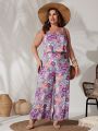 SHEIN VCAY Women's Plus Size Purple Printed Jumpsuit With Spaghetti Straps