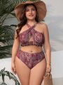 SHEIN Swim BohoFeel Plus Size Paisley Print Pompom Decor Cross Halter Bikini Set