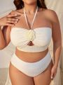 SHEIN Swim Mod Plus Size Solid Color 3d Flower Adorned Halter Bikini Top