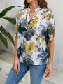 SHEIN LUNE Women's Floral Print Notched Collar Short Sleeve Blouse