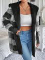 SHEIN Frenchy Buffalo Plaid Pattern Drop Shoulder Hooded Teddy Coat