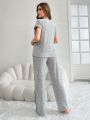 Letter Pattern Knitted Short Sleeve Top And Long Pants Women's Homewear Set