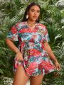 SHEIN Swim Vcay Plus Size Women's Leaf Printed Empire Waist Cover Up Dress