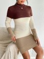 SHEIN Privé Color Block Mock Neck Sweater Dress