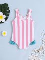 SHEIN Baby Girl Casual Striped Watermelon Color Block Sleeveless Swimsuit Bodysuit