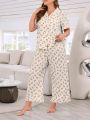 Plus Size Women's Flower Print Shirt And Ruffle Hem Long Pants Pyjama Set