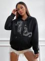 SHEIN Coolane Casual Hooded Sweatshirt With Dragon Pattern And Rhinestone Embellishments