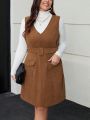SHEIN Essnce Women's Plus Size Brown Sleeveless Belted Strap Overall Dress