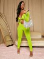 SHEIN Slayr Neon Lime Tie Front Plunging Neck Unitard Jumpsuit Without Lingerie Set