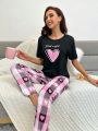 Love Heart Plaid Print Short Sleeve Long Pants Pajama Set