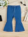 SHEIN Baby Girl Denim-Effect Print Bow Front Flare Leg Pants