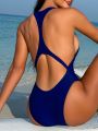 SHEIN Swim SPRTY Ladies' Solid Color Backless One-Piece Swimsuit