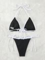 Contrast Ruffle Trim Triangle Cup Knotted Side Bikini Swimsuit Set