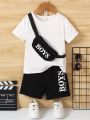SHEIN Kids EVRYDAY Toddler Boys' Casual Sporty Solid Color Short Sleeve T-Shirt And Letter Print Shorts Set