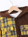 SHEIN Kids EVRYDAY Tween Boy Casual Hooded Cardigan With Plaid Patchwork