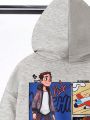 SHEIN Kids QTFun Boys' Casual Cartoon Printed Hooded Oversized Sweatshirt With Drop Shoulder Sleeves