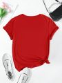 Plus Size Flower Pattern Round Neck Short Sleeve Casual T-shirt