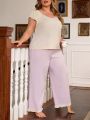 Plus Size Lace Trim Color Block Top And Mushrooms Hem Long Pants Pyjamas Set