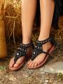 Styleloop Women's Hand-Stitched Beaded Flat Sandals, Black Back Zipper Herringbone Roman Sandals,Women's Spring/Summer Resort Bohemian Style Shoes