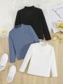 SHEIN Toddler Girls' Solid Color Stand Collar Long Sleeve T-shirt Set Of 3 (three Colors)