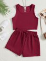 SHEIN Kids EVRYDAY Tween Girls' Knitted Texture Solid Color Vest And Shorts Casual Set